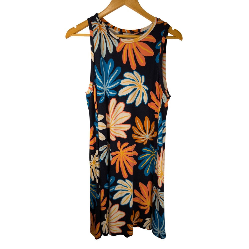 Loft Outlet Petite Large Navy Blue Tropical Palm Leaf Sleeveless Swing Dress